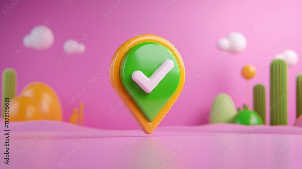 Poster a colorful location marker with a check symbol, set against a playful pink background with various g
