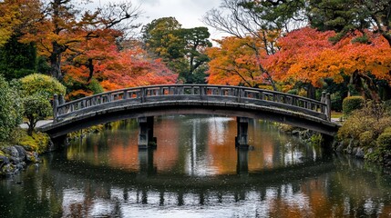 Fototapeta premium Wooden bridge over calm water reflecting autumn foliage in a serene garden.