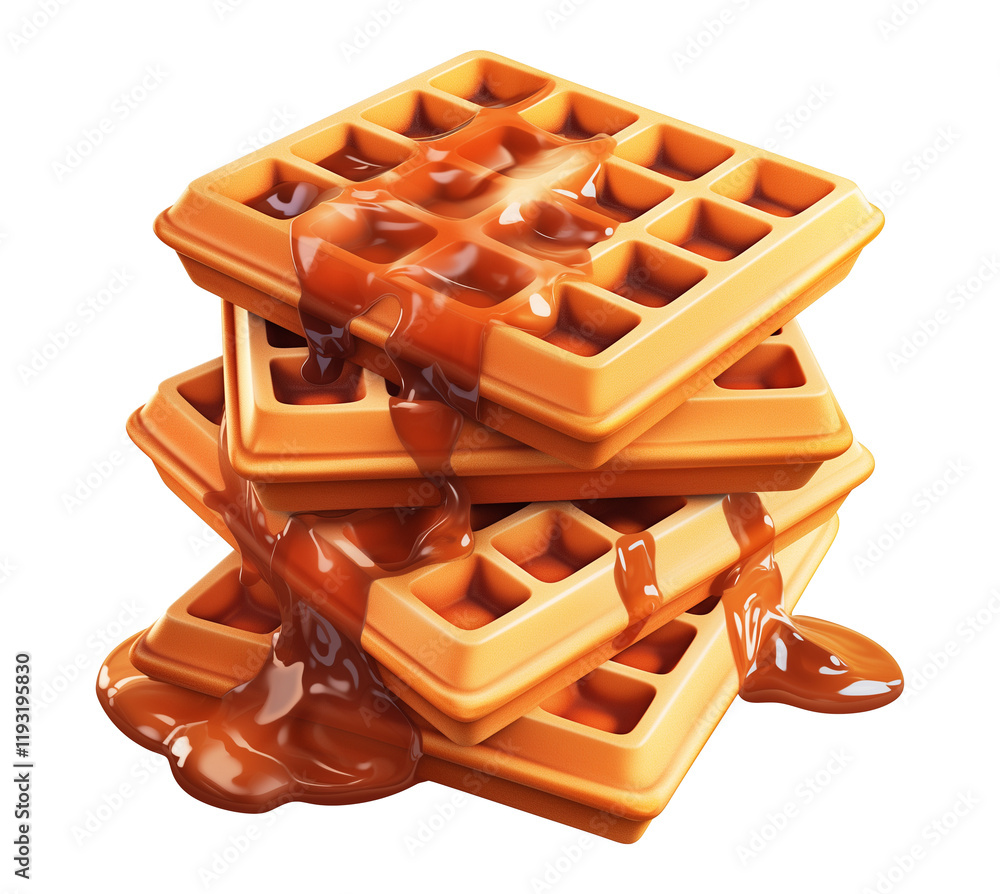 Poster Stack of cartoon waffles with syrup drizzling down, isolated on transparency background. waffles appear delicious and inviting, showcasing playful and appetizing design