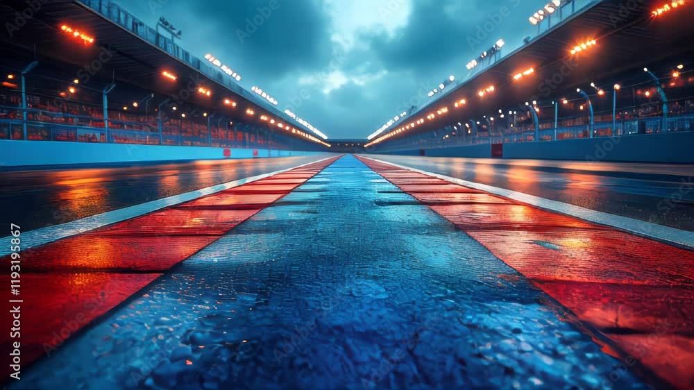 Poster empty racing track with wet surface and glowing spotlights under a dramatic night sky, creating a dy