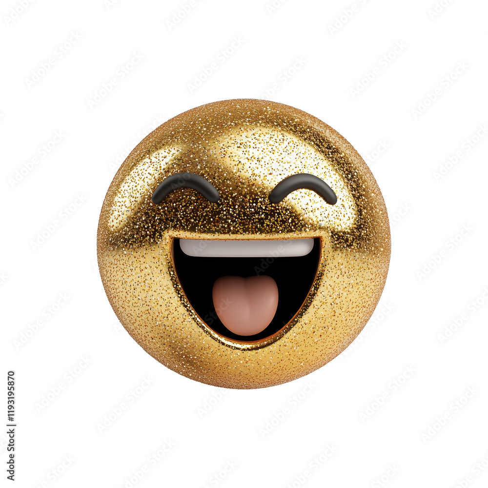 Poster glittery gold 3d emoji with excited expression and tongue out, isolated on transparency background