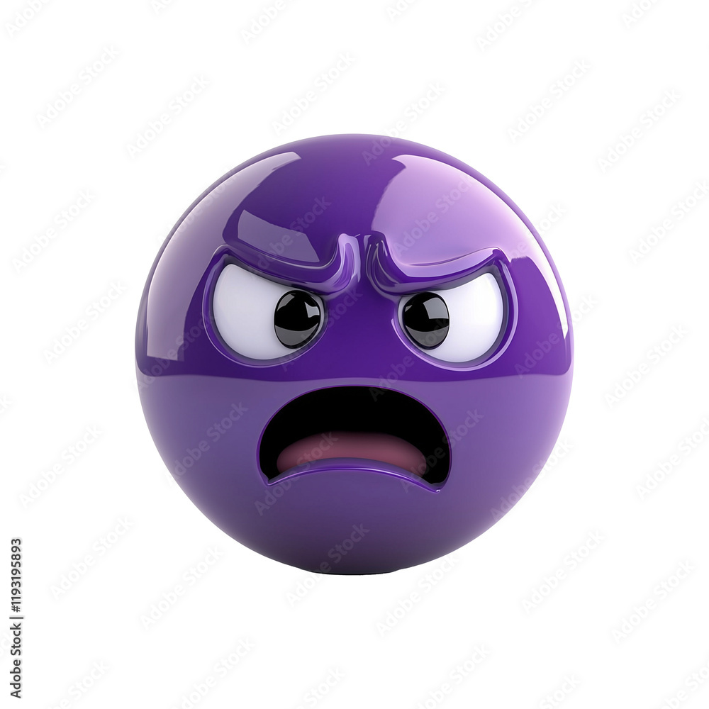 Poster 3D nervous emoji in translucent purple with angry expression isolated on transparency background. glossy surface and exaggerated features convey intense emotion