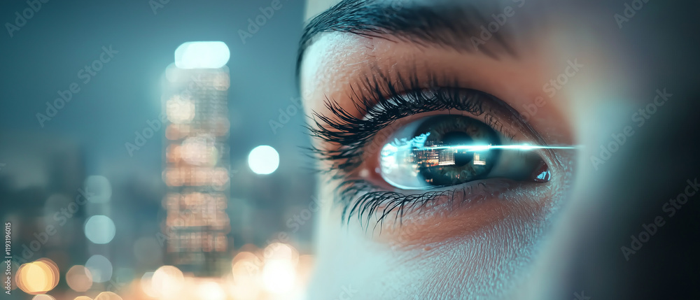 Poster close up of eye reflecting cityscape at night, with futuristic and determined expression. blurred ci