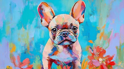 Colorful painting of a French Bulldog puppy amidst vibrant flowers.