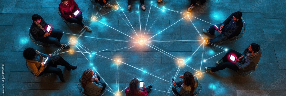Fototapete Group of people engaged in digital connection while sitting in a circle with glowing phones at a social gathering. Generative AI
