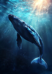 Naklejka premium A magnificent blue whale gracefully swimming through the ocean depths