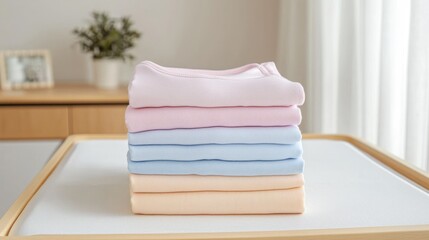A neatly folded stack of baby clothes in pastel colors on a changing table.