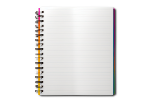 Mockup. School notebook clean with striped pattern on its pages, ideal for writing notes, isolated in a transparent background
