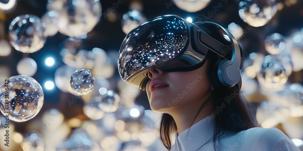 Aufkleber woman wearing vr headset is surrounded by floating spheres, creating immersive and futuristic experi