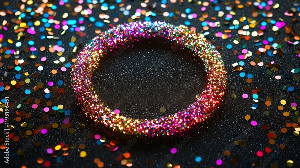 Poster multicolored glitter circle of sparkling light particles in a circle frame on a black background.
