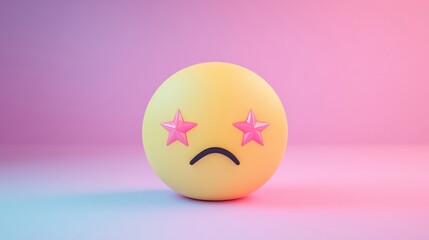 Fototapeta premium A whimsical cartoon emoji with star-shaped eyes and a frown, set against a vibrant pink and blue gradient background.