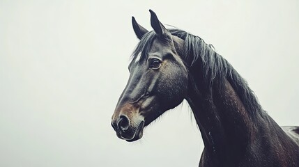Dark horse portrait, misty field background, equine elegance, website header