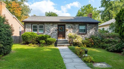 Charming stone house with lush green lawn and walkway.