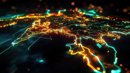 A colorful, glowing world map with continents outlined in neon lights