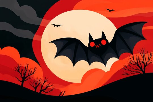 A flat 2D illustration of a vampire bat flying against a full moon, drawn with bold lines and a simple color scheme of black and red