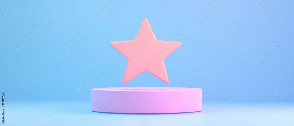 Poster a minimalist display of a pink star hovering above a circular pedestal against a soft blue backgroun