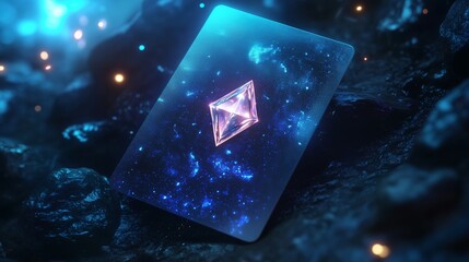 A playing card, featuring an abstract glowing diamond symbol and a cosmic background.