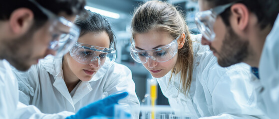 team of scientists collaborates in laboratory, wearing protective gear and focused on experiment. diverse group is engaged in scientific research, showcasing teamwork and innovation