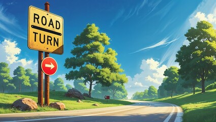 Serene landscape showcasing a gentle road through lush greenery and vibrant wildflowers under a clear blue sky