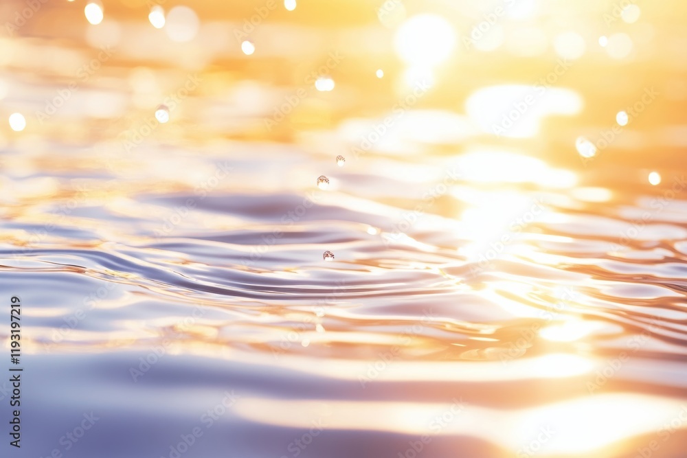 Poster serene water surface reflecting golden sunlight, creating a tranquil atmosphere with ripples and spa