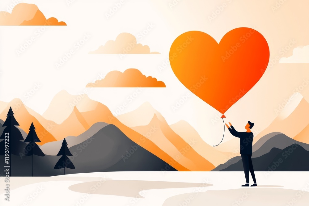 Poster A flat design of a heart-shaped balloon floating against a plain sky, stylized with bold lines and pastel colors