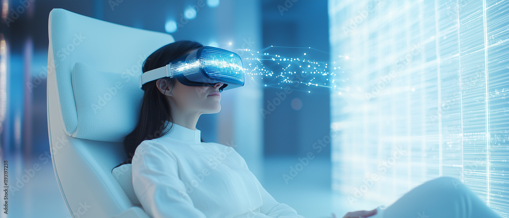 Poster woman seated in sleek modern room wearing vr headset, experiencing digital interface with glowing da