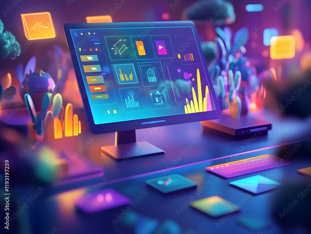 Aufkleber Futuristic Digital Workspace with Colorful Charts and Graphs Displaying Data Analytics on a Computer Monitor Surrounded by Vibrant Digital Landscape