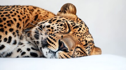 Sleeping leopard rests on white, neutral background; wildlife photography for nature documentaries