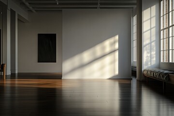 Obraz premium Sunlit minimalist gallery interior with hardwood floors and artwork.