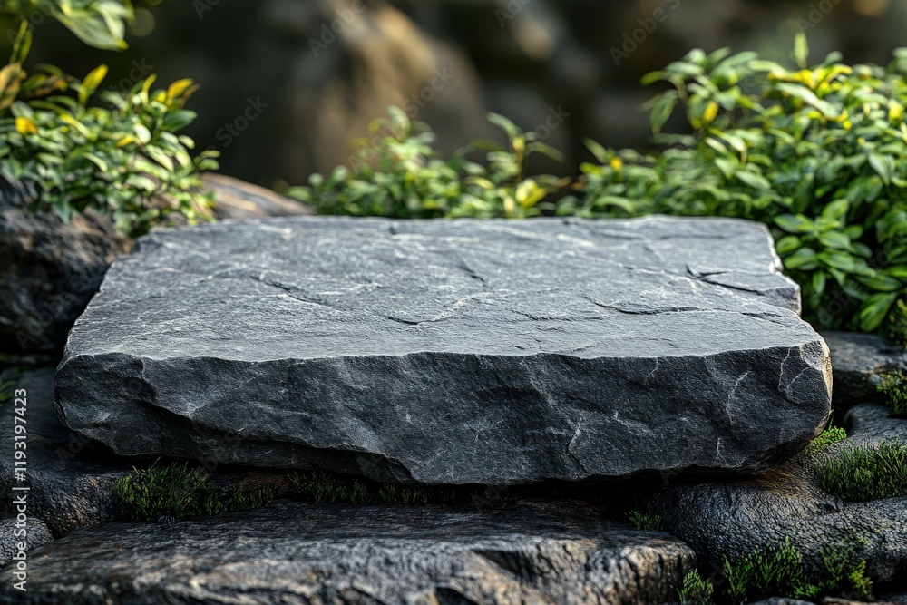 Poster flat small stone podium on rock platform surrounded by lush greenery in a natural setting for 3d vis