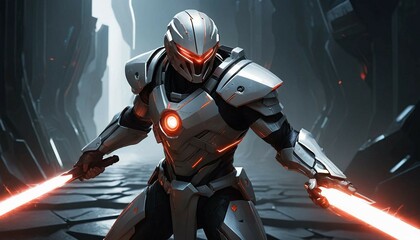 Fototapeta premium Laser Red Eyes Meme Futuristic Superhero in Dark Armor with Red Accents