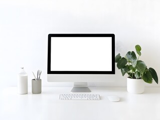Modern Workspace with Clean Desk, Blank Computer Monitor, Minimalist Keyboard, Potted Plant, and Elegant Office Accessories for Productive Environment