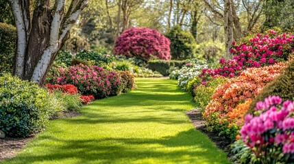 Lush garden path lined with vibrant rhododendrons and birch trees on a sunny day.