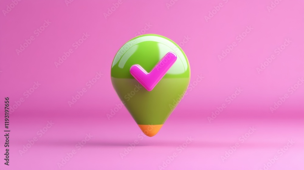 Poster a vibrant checkmark icon on a colorful pin background, symbolizing success and verification in a pla