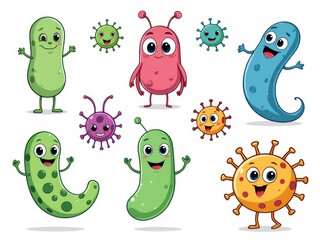 Fototapeta premium Collection of Cute Cartoon Microbes Bacteria Viruses and Germs Illustrations