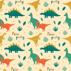 Obraz premium Seamless pattern with cute colorful dinosaur characters and plants on pink background. Template for print, fabric, wallpaper, wrapping paper