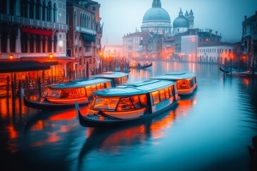 Fototapeta premium A futuristic Venice with floating glass gondolas navigating glowing neon canals, surrounded by sleek, high-tech buildings blending with the city's classic architecture