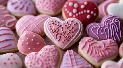 Obraz premium Valentine's Day gift box cookies in shades of pink, purple and red, decorated with intricate designs.