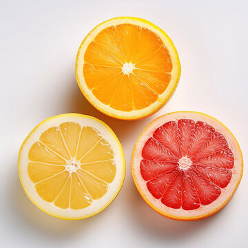 tres rodajas lonjas cortes de citricos limon, naranja y pomelo sobre fondo blanco