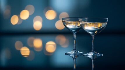 Two champagne coupes on a reflective surface with bokeh lights.