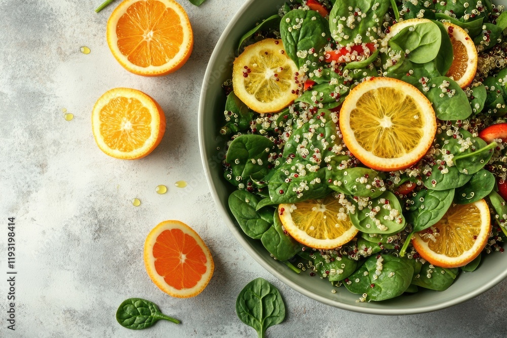 Poster unique creative layout featuring quinoa and spinach salad with citrus vinaigrette placed on clean so