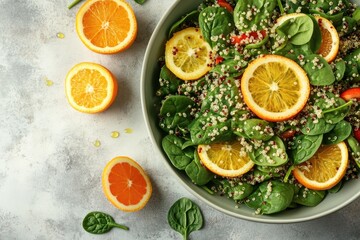 unique creative layout featuring quinoa and spinach salad with citrus vinaigrette placed on clean solid background