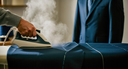 Steam iron smooths wrinkles from a navy suit in a well-lit room preparing for an important event