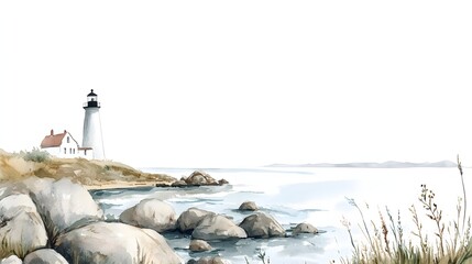 Coastal Lighthouse Scene With Rocks And Calm Water