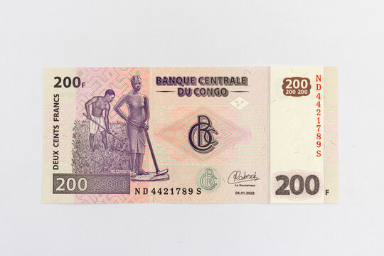 Congo Democratic Republic 200 Francs banknote features male fieldworker, allegorical female sculpture "Agriculture" portrait.
