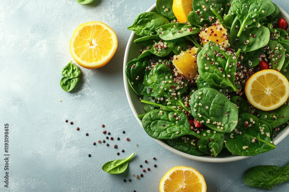 Poster unique creative layout featuring quinoa and spinach salad with citrus vinaigrette placed on clean so