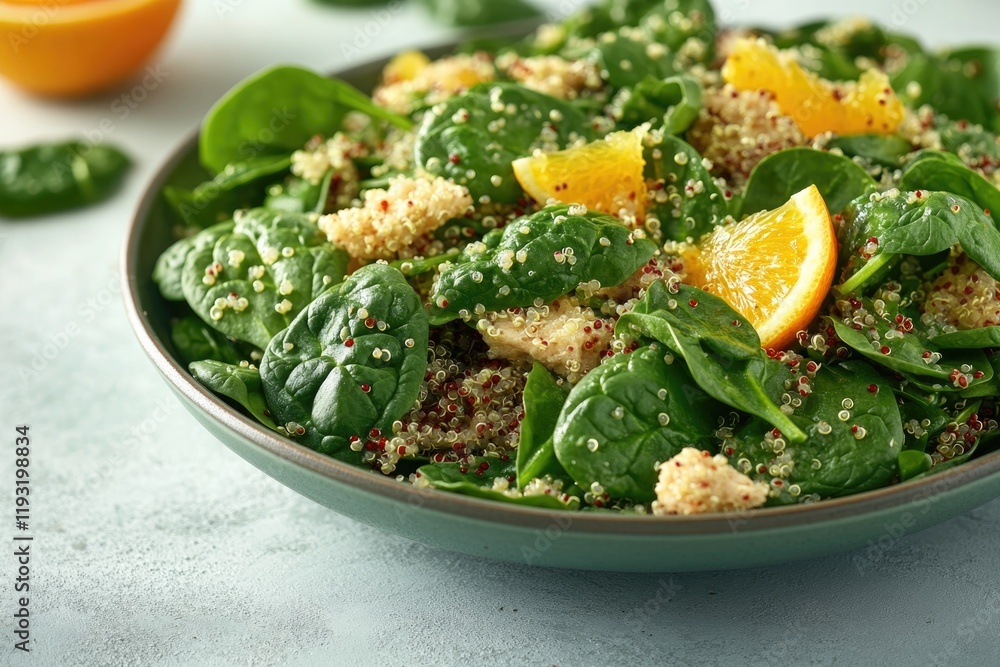 Poster unique creative layout featuring quinoa and spinach salad with citrus vinaigrette placed on clean so