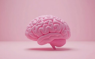 A vibrant pink brain sculpture against a soft pink background, symbolizing creativity and intelligence in modern art.