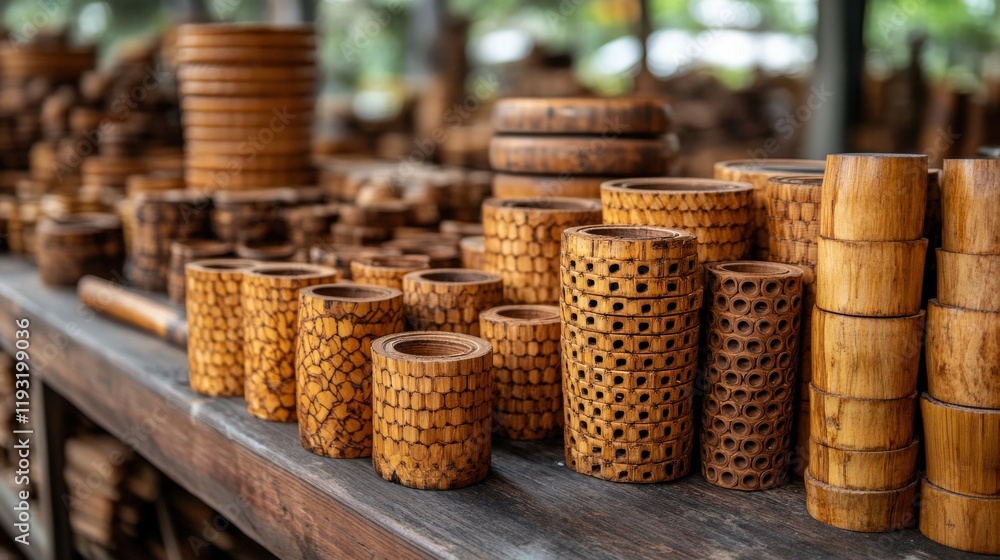 Aufkleber beautifully crafted bamboo items on display in a rustic market setting highlighting unique textures 