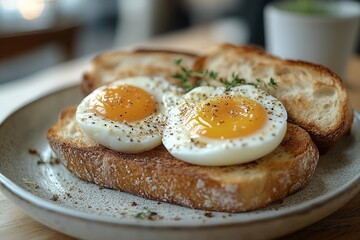 a soft-boiled egg nestled next to crispy bread on a rustic wooden table, creating a simple yet delightful breakfast scene, with a gentle light enhancing the cozy, inviting atmosphere